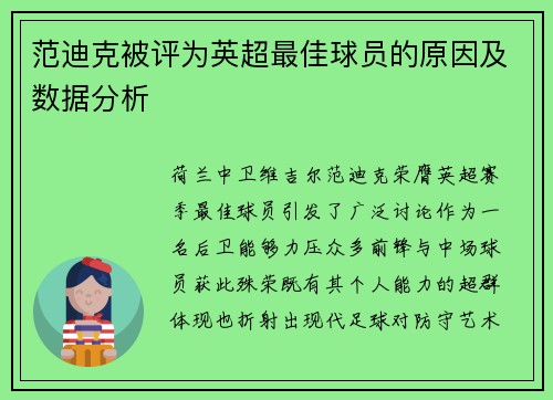 范迪克被评为英超最佳球员的原因及数据分析